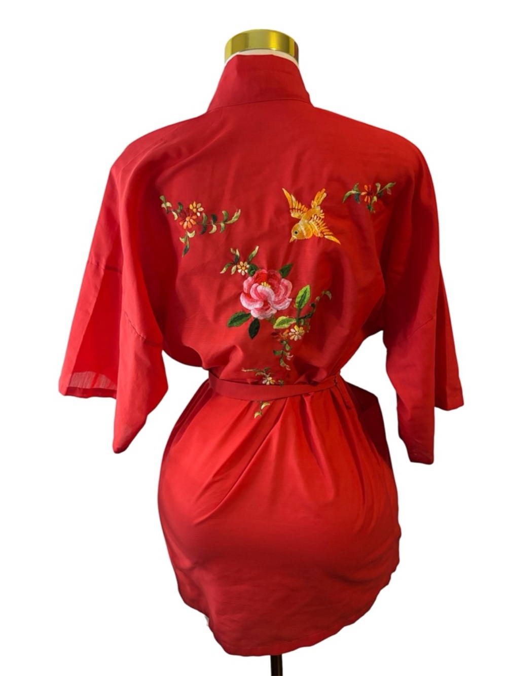Vintage Fedo Red Embroidered Chinese Robe Small S Boho Floral Bird Kimono Style